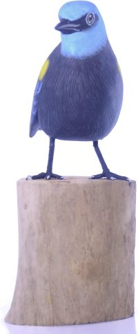 Hand Carved Wooden Bird ~ Blue-necked Tanager on Tree Stump - Image 5