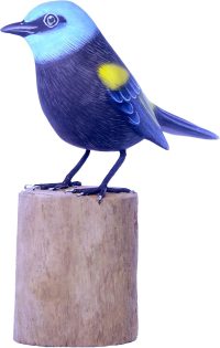 Hand Carved Wooden Bird ~ Blue-necked Tanager on Tree Stump