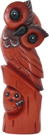 Hand Carved Wooden Owl ~ Mother Owl and Owlette on a Log 29.5cm High